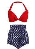 Cocoship Retro Red Top and White Polka High Waisted Bikini Swimsuits Swimwear M(FBA)