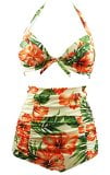 Cocoship Retro Peach Hibiscus & Beige Floral Halter High Waisted Bikini Bathing Suit Swimsuit XXXXL(FBA)
