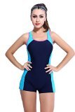 Women's Slimming One Piece Boxer Boyleg Swimsuit Cross Back Halterneck Athletic Swimwear Tankini (US 6, Navy Blue)
