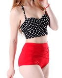 HDE Women Vintage 50s Pinup Girl Rockabilly High Waist Retro Bikini Swimsuit Set (Polka Dot Bustier with Red Bottom, XX-Large)